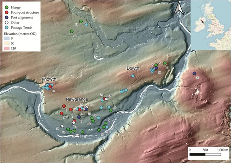 LiDAR survey map of Brú na Bóinne showing Newgrange, Knowth, Dowth and newly discovered later Neolithic monuments in the Boyne Valley