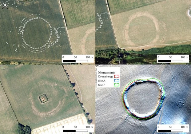  Henges/embanked enclosures in Brú na Bóinne: top left: Dronehenge near Newgrange revealed by aerial cropmarks, bottom right: Dowth Henge