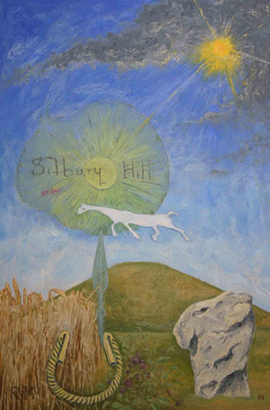 Painting of Lughnasadh with wheat sheaf, gold torc, standing stone, Silbury Hill and a white horse in a green disc.