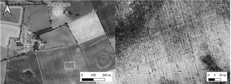 Aerial archaeological image of the Newgrange area in the Boyne Valley showing the wider ceremonial landscape around the famous passage tomb