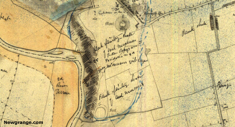 Historical map of Knowth dated 1837 showing the Moat mound, Knowth House, river terrace and geological notes.