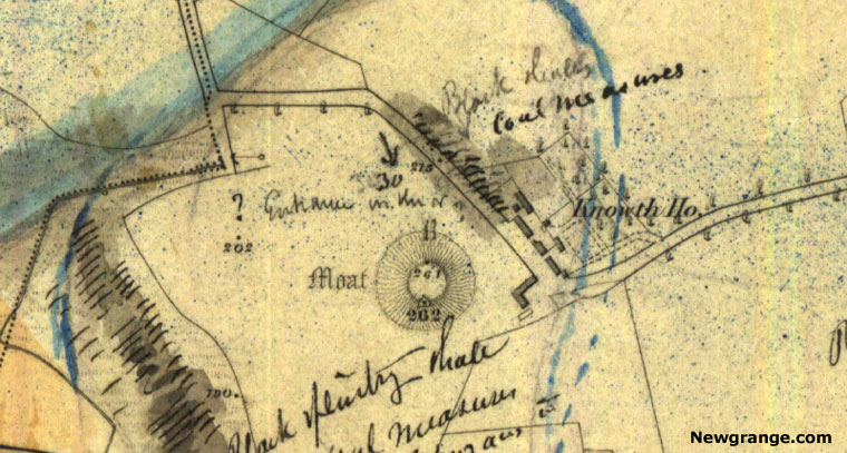 Historical map of Knowth dated 1837 showing the Moat mound, Knowth House and geological annotations.