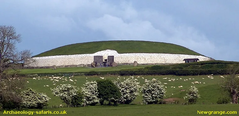 Newgrange white quartz facade with sheep grazing in the foreground field.